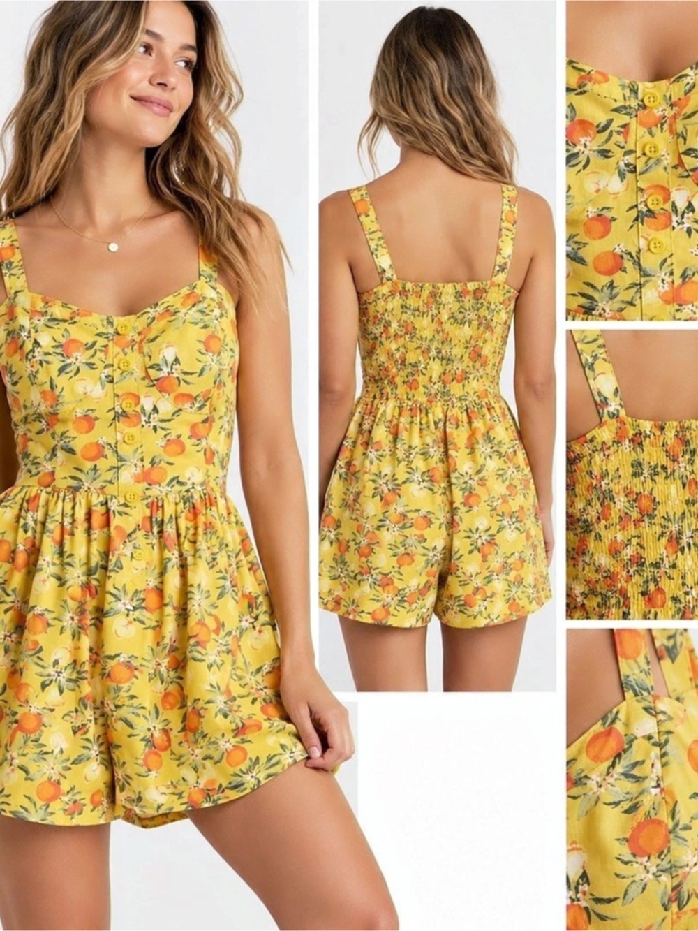 Wild Fable Yellow Orange Fruit Print Button Front Smocked Romper Fruit Print